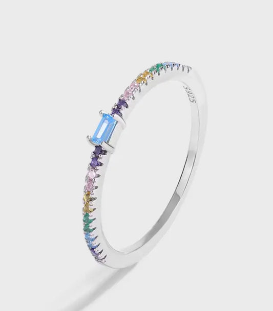 Square Cut Blue Stone Rainbow CZ 925 Silver Ring