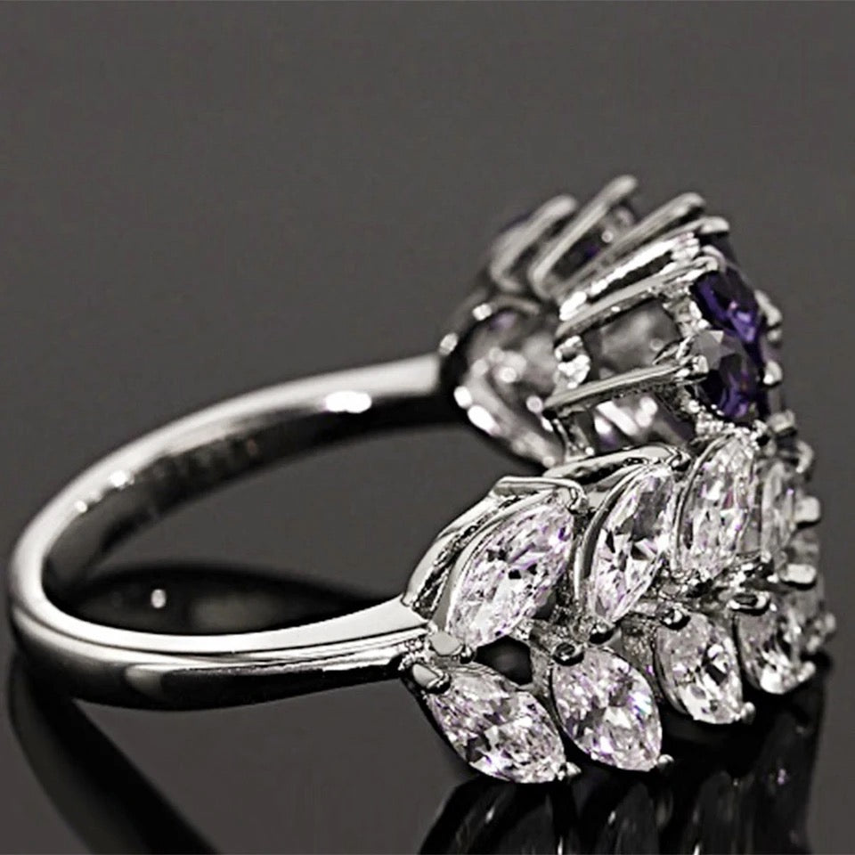 Purple & White Zircon Multi-Faceted Leaf Ring