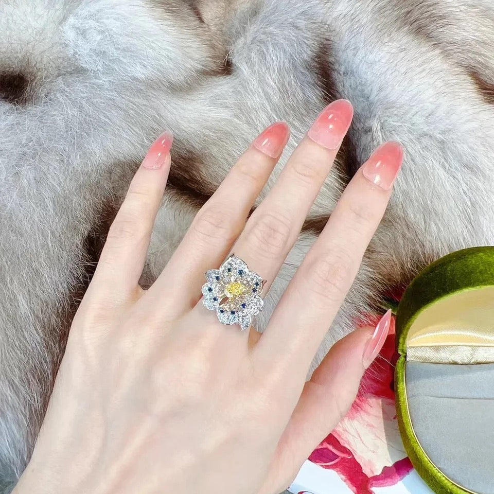 Luxury Yellow Blue White AAA Zircon Flower Ring