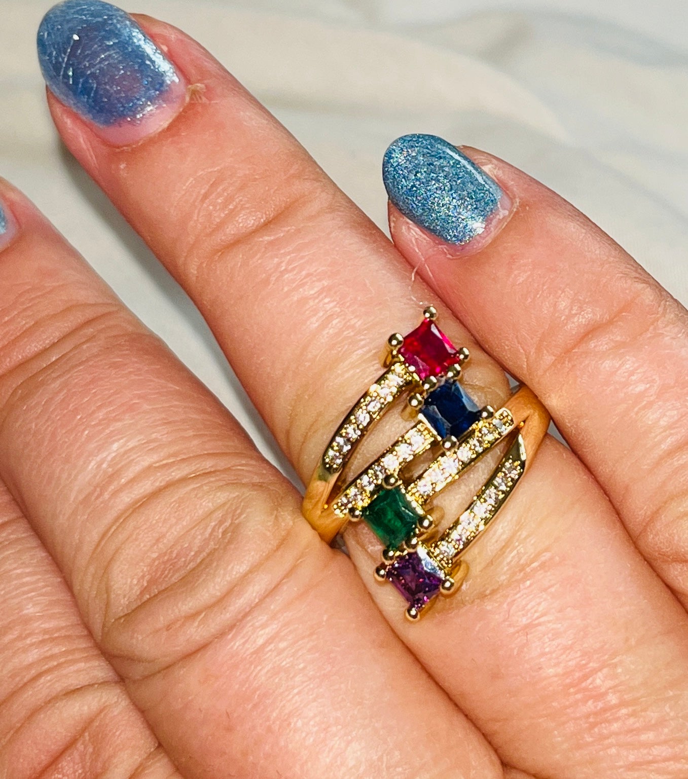 Rainbow Square Zircon Multi-Layer Ring