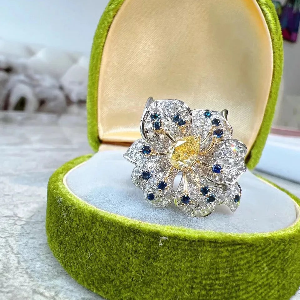 Luxury Yellow Blue White AAA Zircon Flower Ring