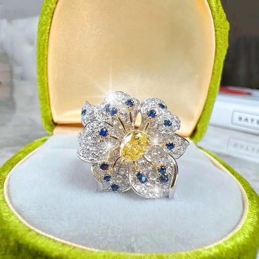 Luxury Yellow Blue White AAA Zircon Flower Ring