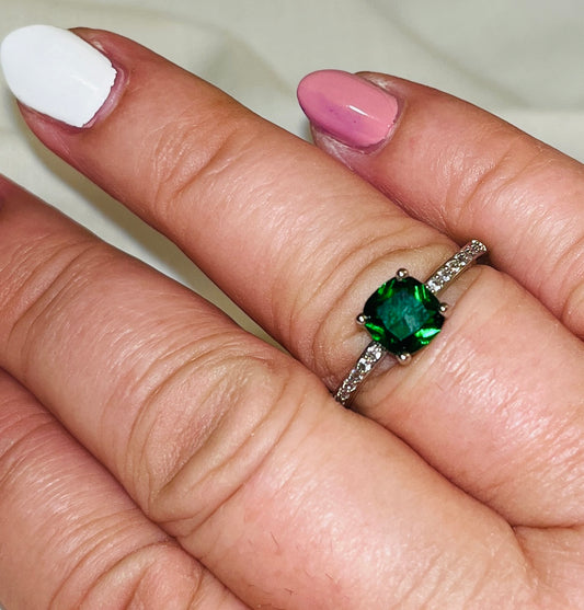 Emerald Cut Forest Green CZ Ring