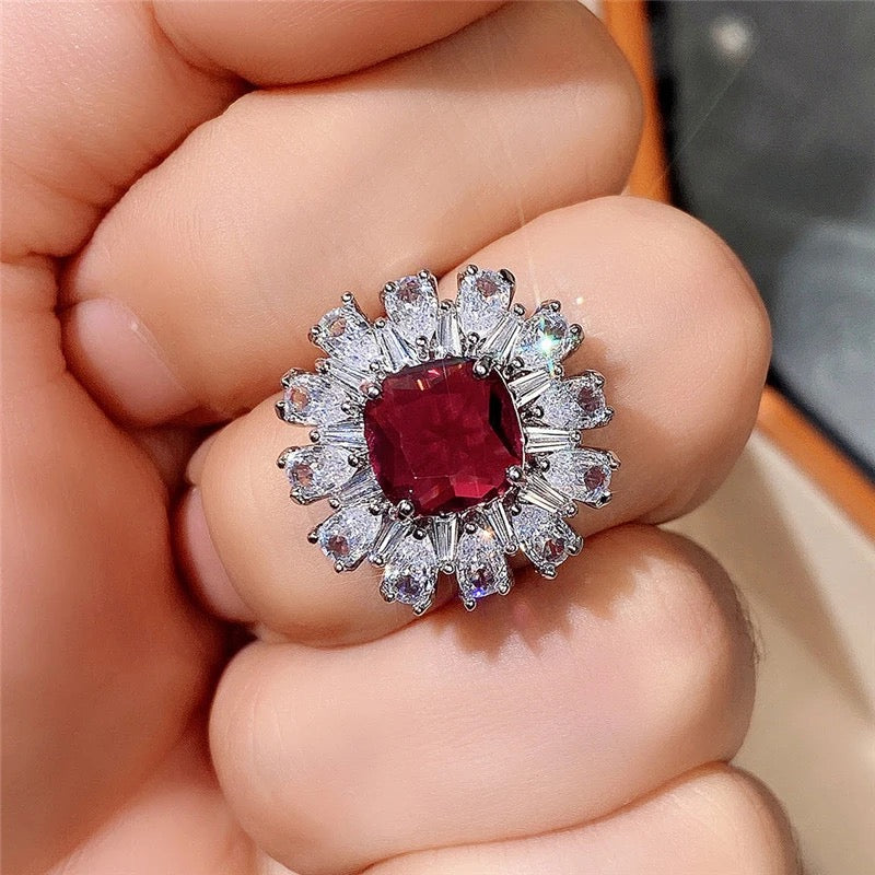 Flower Shaped Red Cubic Zirconia Ring