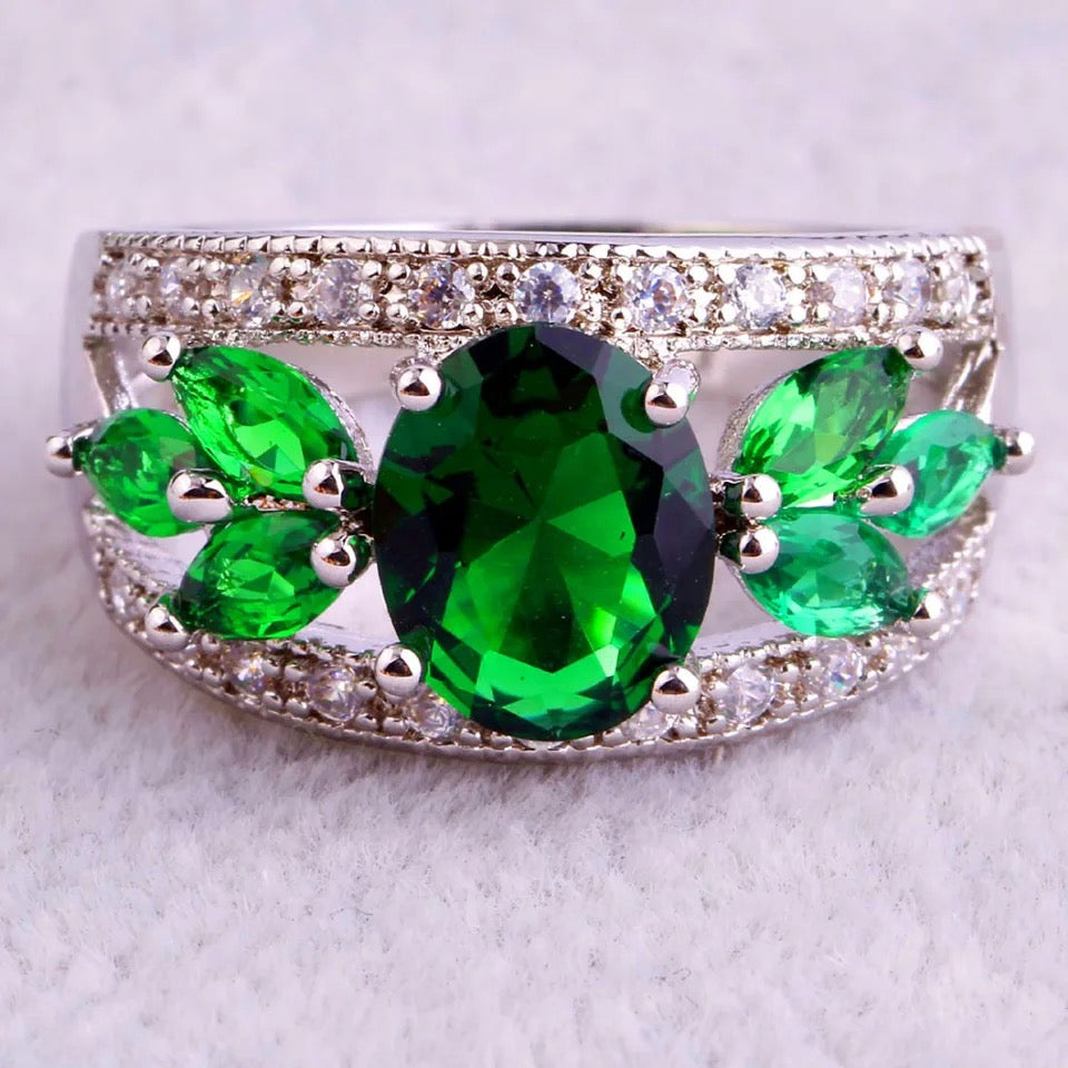 Charming Green & White CZ Silver Ring