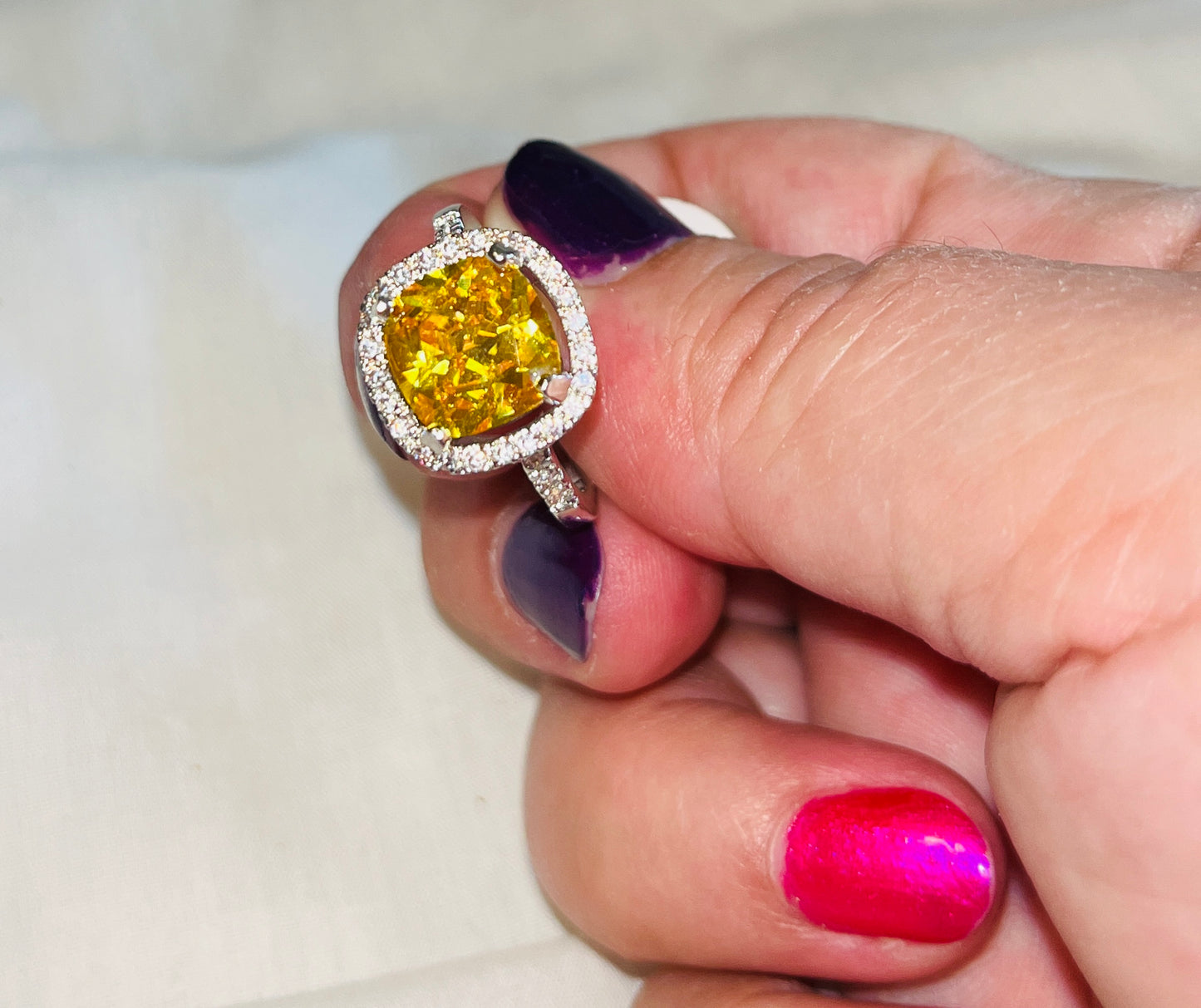 Citrine CZ Halo Square Cut Ring