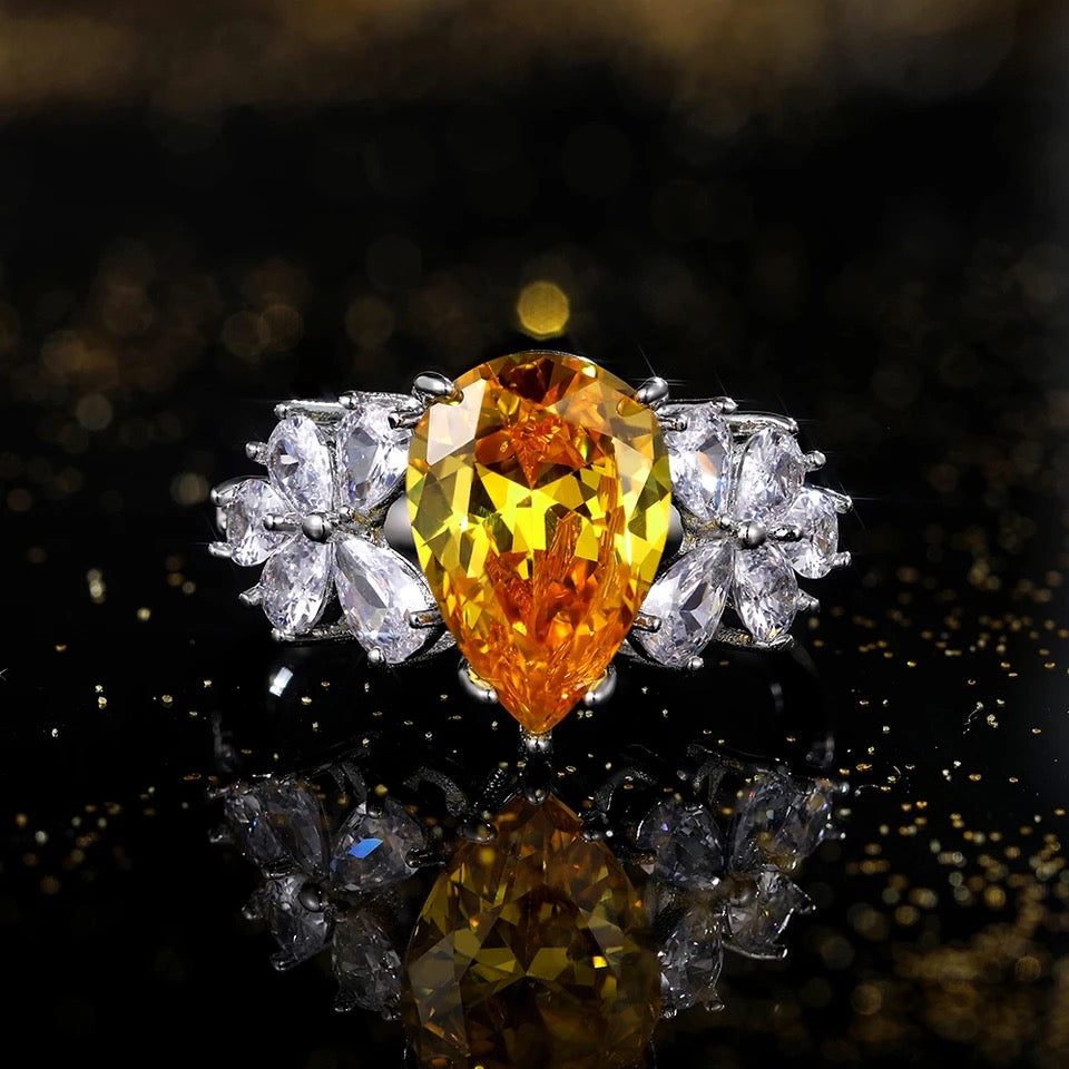 Sun-kissed Pear Cut CZ Citrine Ring