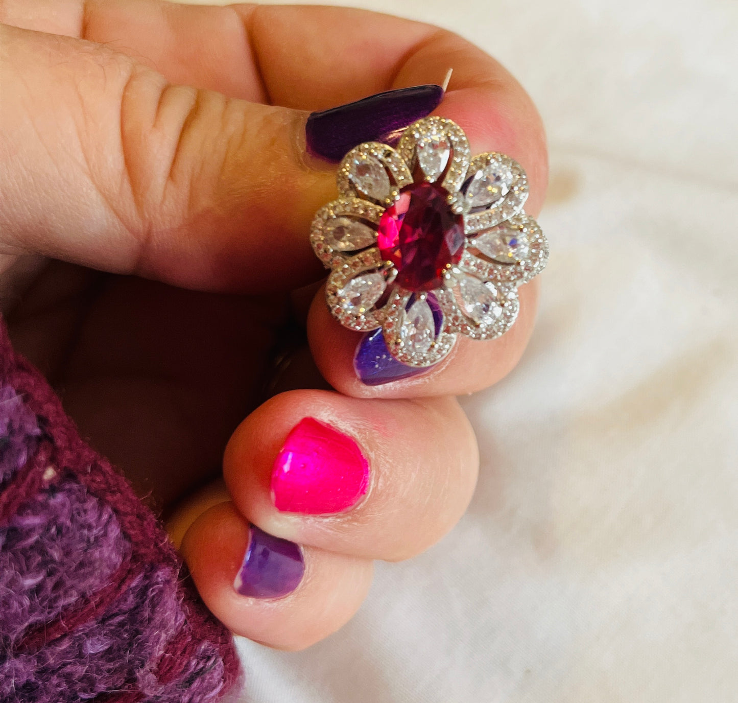 Bright Floral Red White AAA Zircon Ring