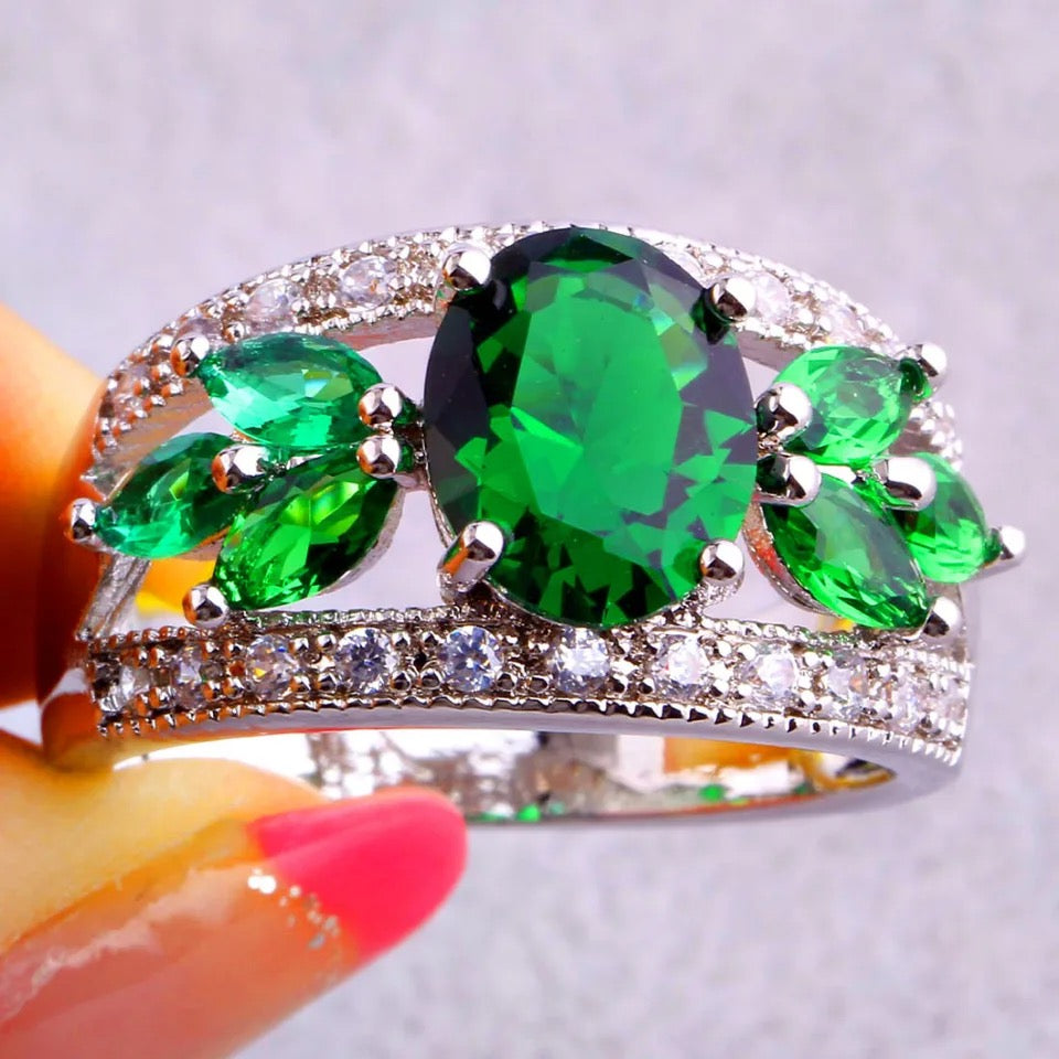 Charming Green & White CZ Silver Ring