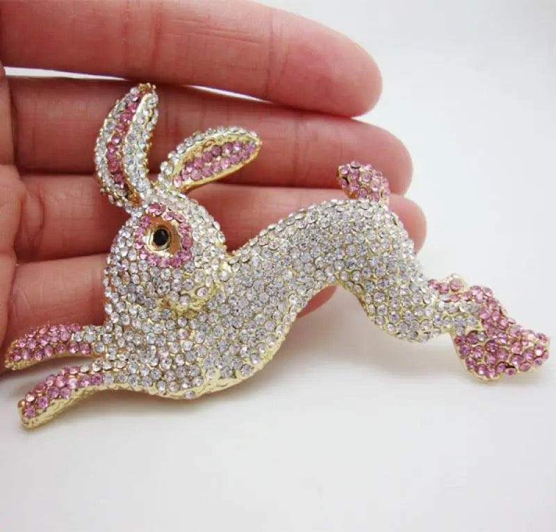 Cute Pink Bunny Crystal Brooch