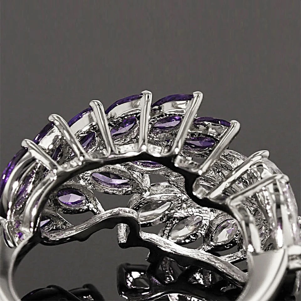 Purple & White Zircon Multi-Faceted Leaf Ring