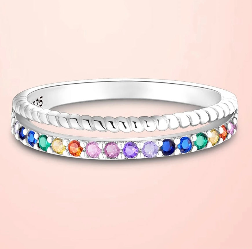 925 Silver Rainbow CZ Twist Pattern Ring