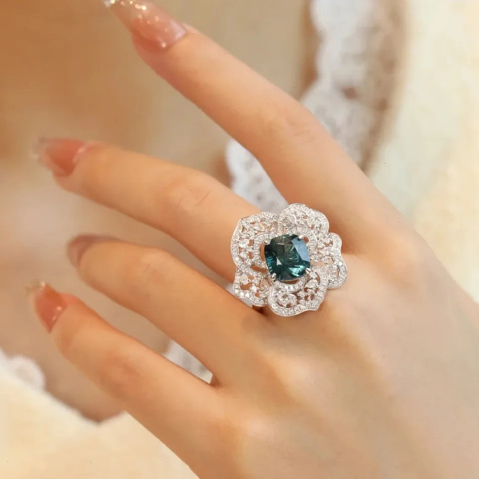 Luxury Floral Blue CZ Engagement Ring