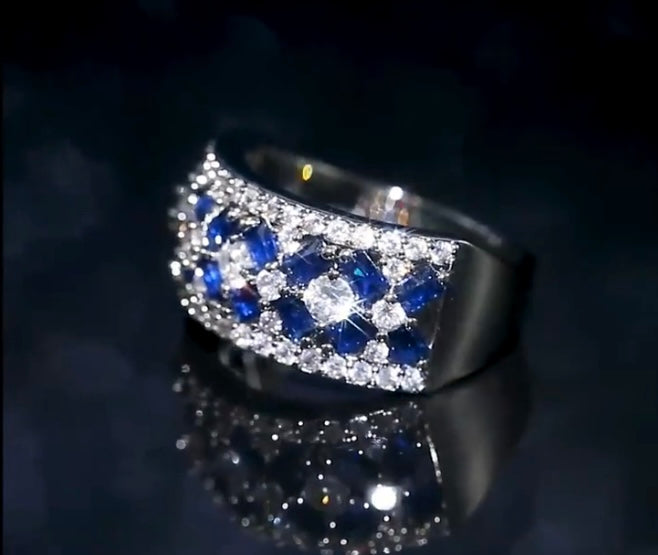 Elegant 925 Silver Cubic Zirconia Simulated Sapphire & Diamond Ring.