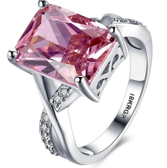 Large Square Cut Pink Cubic Zirconia Ring