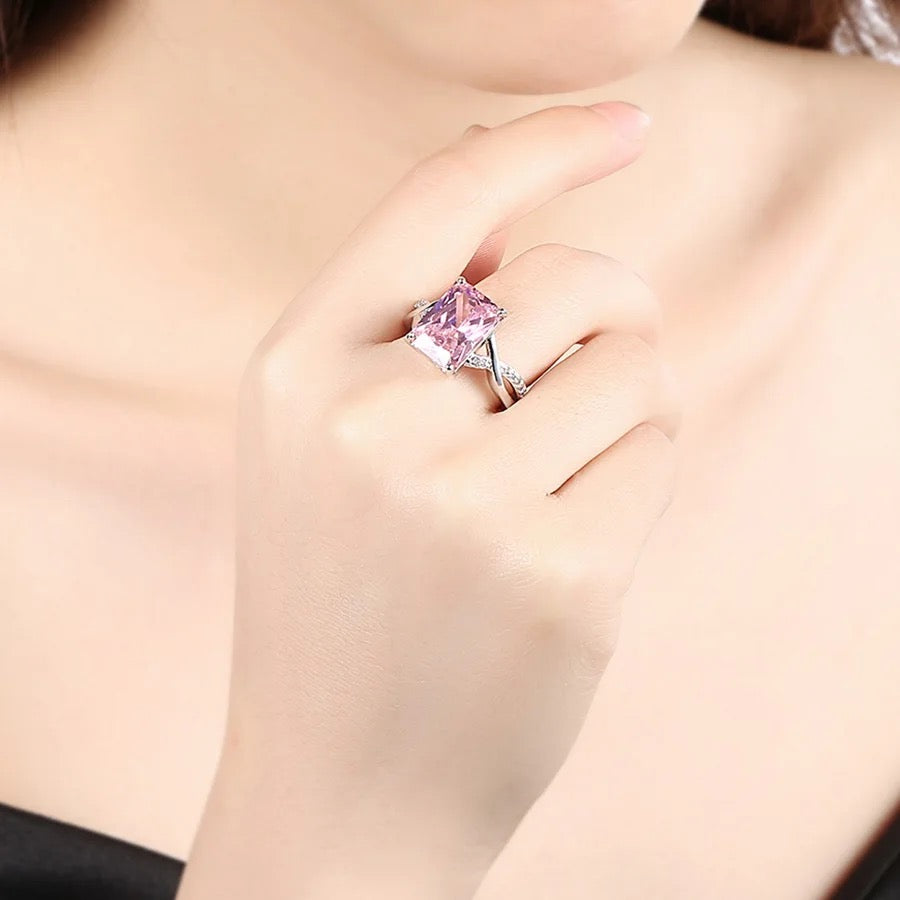 Large Square Cut Pink Cubic Zirconia Ring