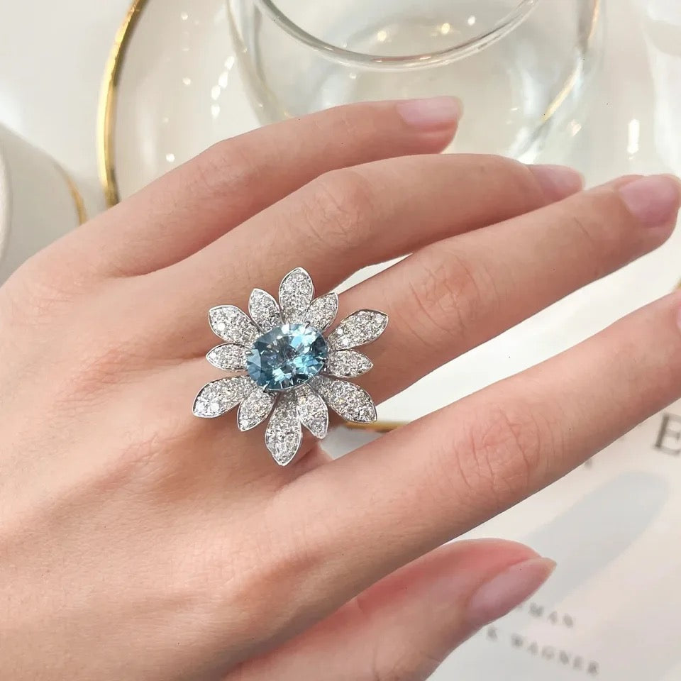 Romantic Sea Blue Flower CZ Ring