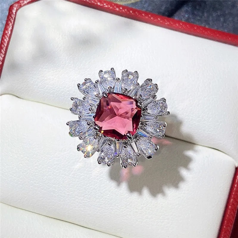 Flower Shaped Red Cubic Zirconia Ring