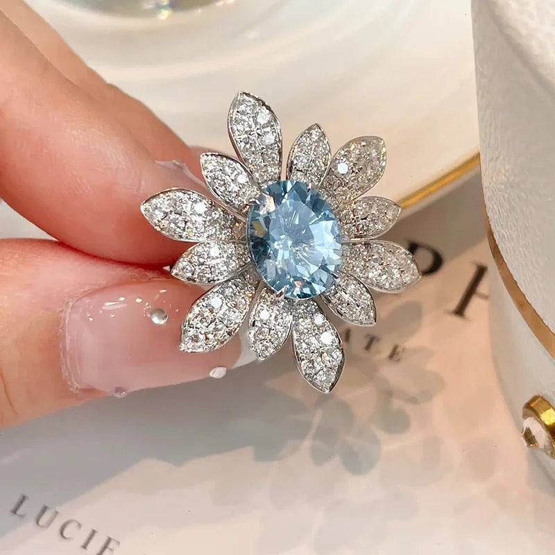 Romantic Sea Blue Flower CZ Ring