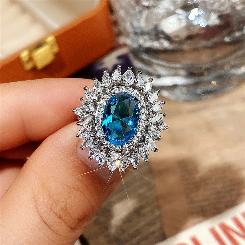 Blue Starburst White Cubic Zirconia Ring