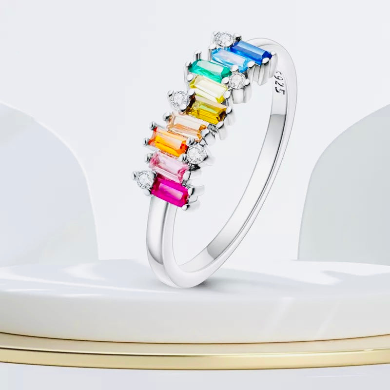 9 Rectangular Rainbow CZ 925 Silver Ring