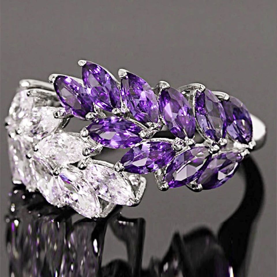 Purple & White Zircon Multi-Faceted Leaf Ring