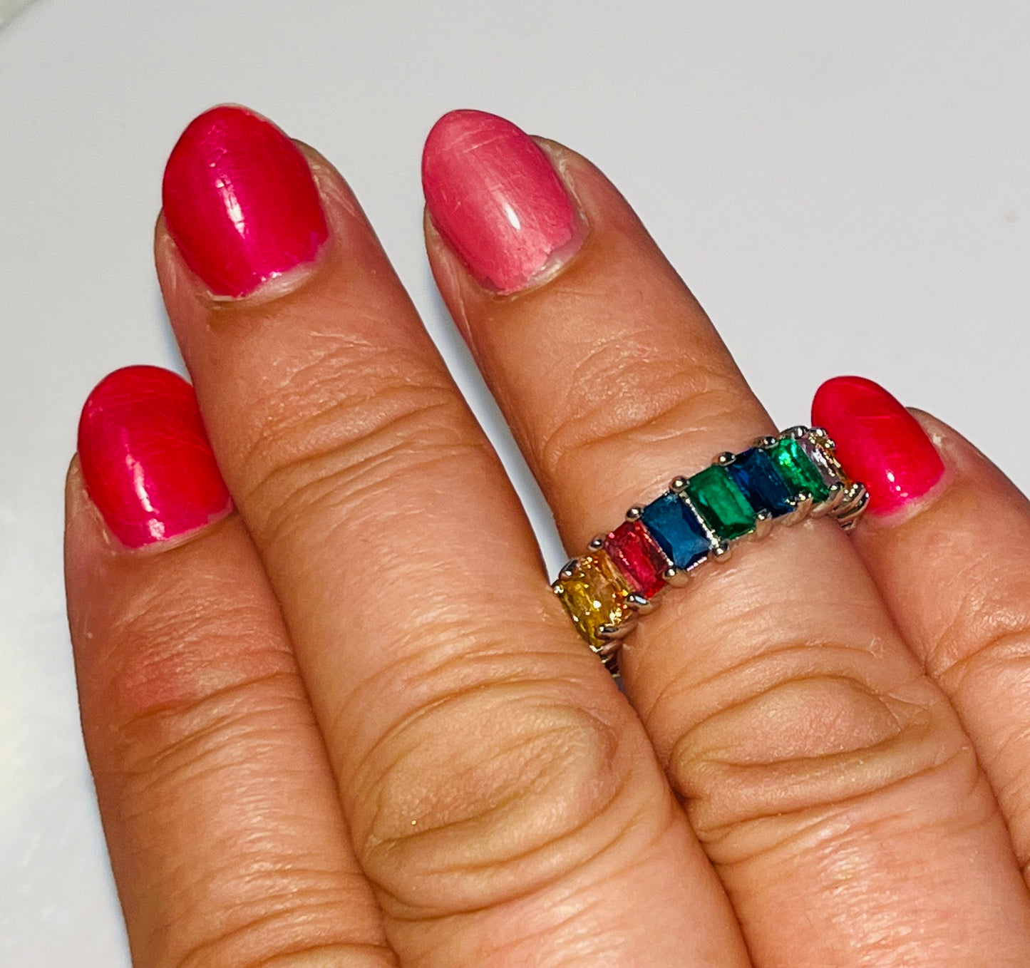 Square Cut Cubic Zirconia Eternity Rainbow Ring