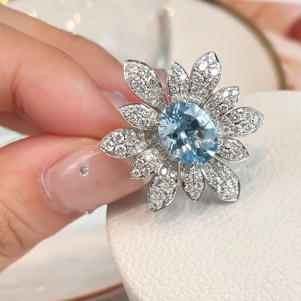 Romantic Sea Blue Flower CZ Ring