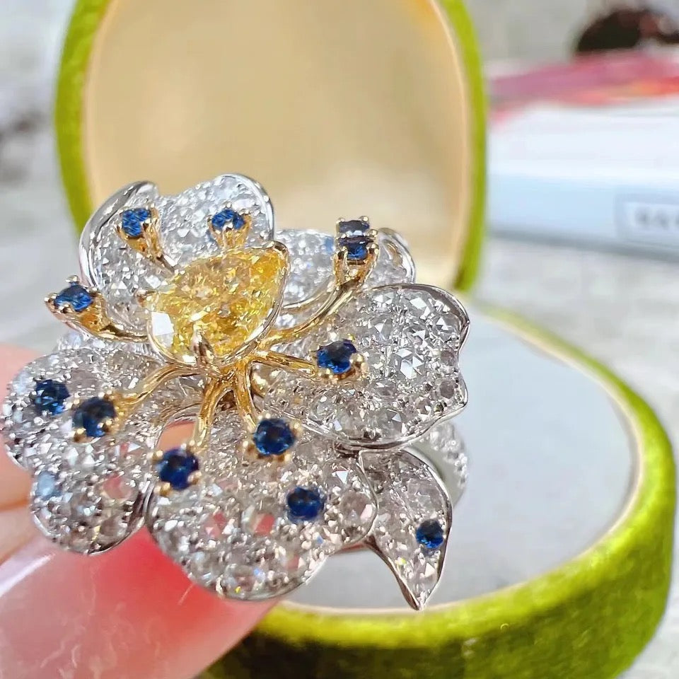 Luxury Yellow Blue White AAA Zircon Flower Ring