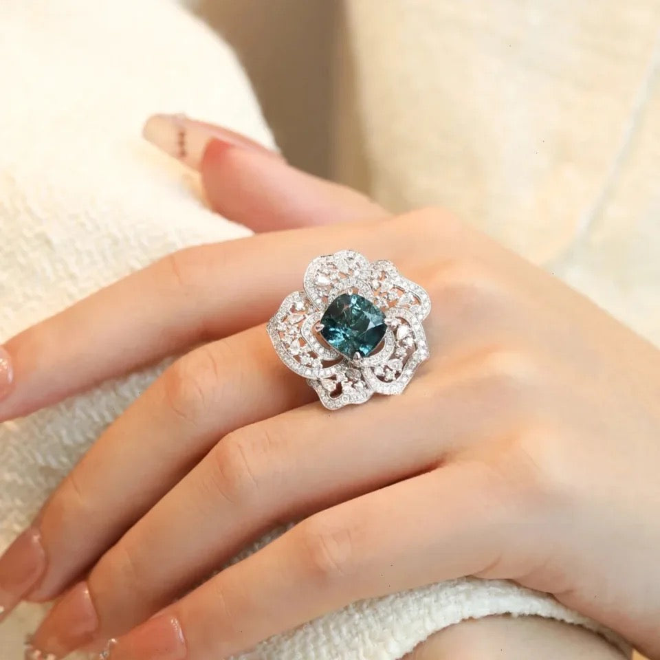 Luxury Floral Blue CZ Engagement Ring