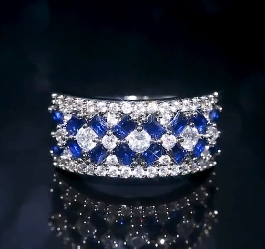 Elegant 925 Silver Cubic Zirconia Simulated Sapphire & Diamond Ring.