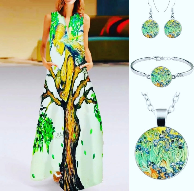 "Aranyani (Goddess of the Forest)" 3D Botanical Dress with Van Gogh's Irises Pendant, Bracelet & Earrings