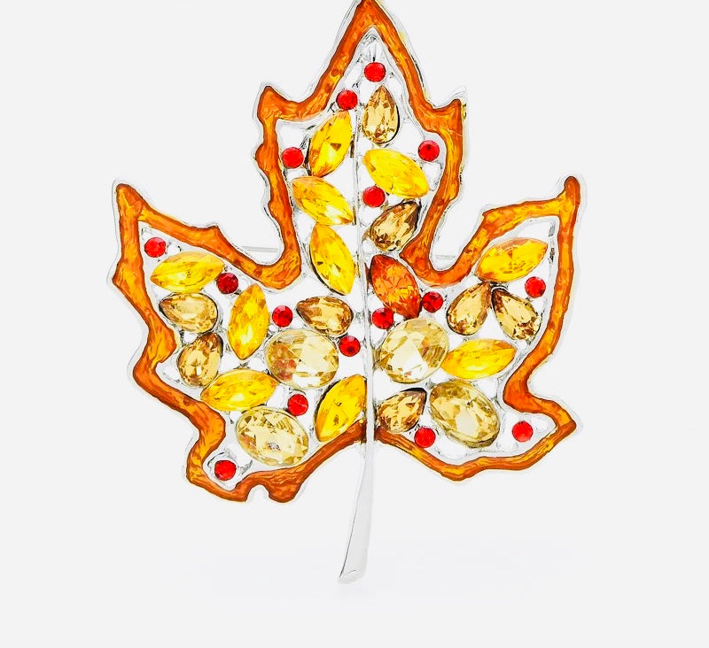 Rhinestone Autumn Maple Leaf Brooch