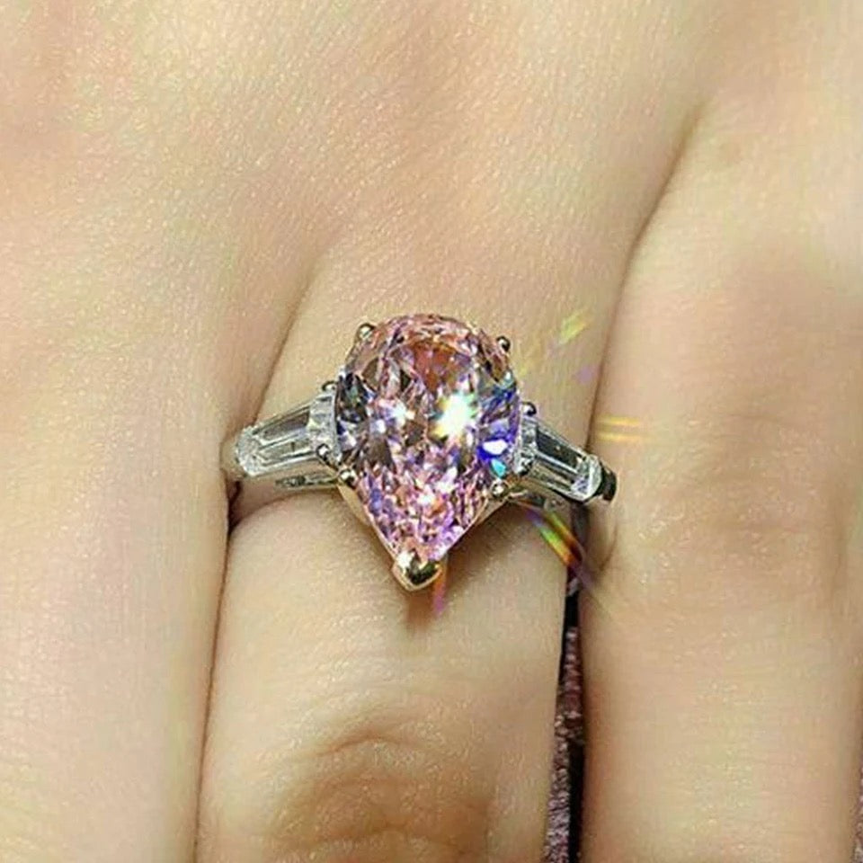 Pink Pear with White CZ Stone Ring