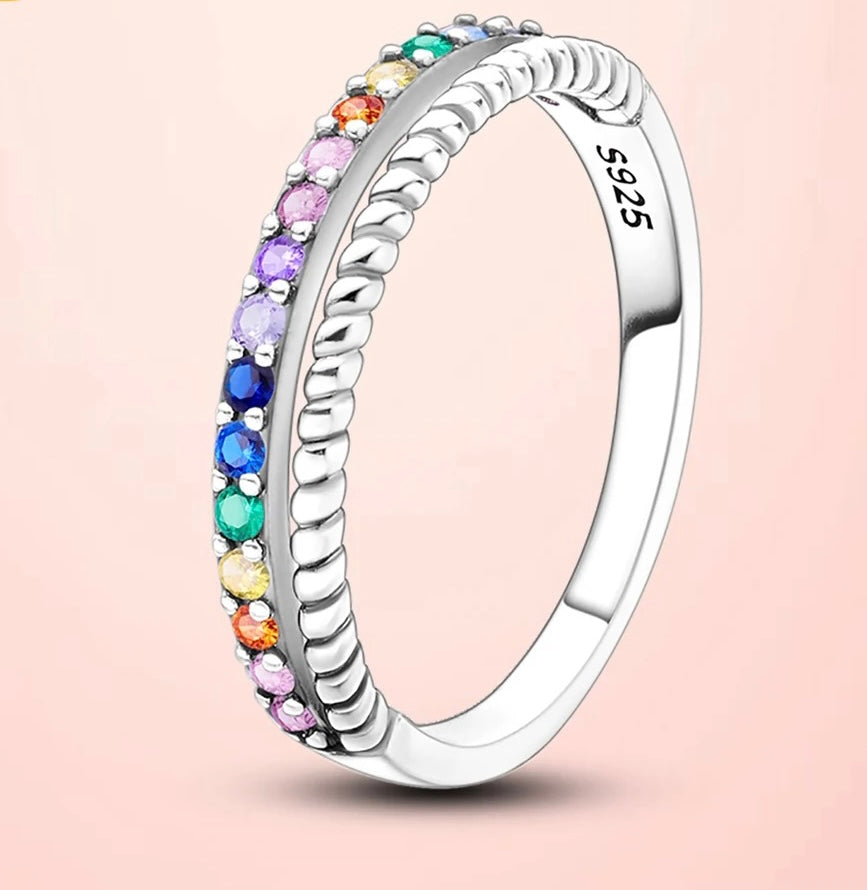 925 Silver Rainbow CZ Twist Pattern Ring