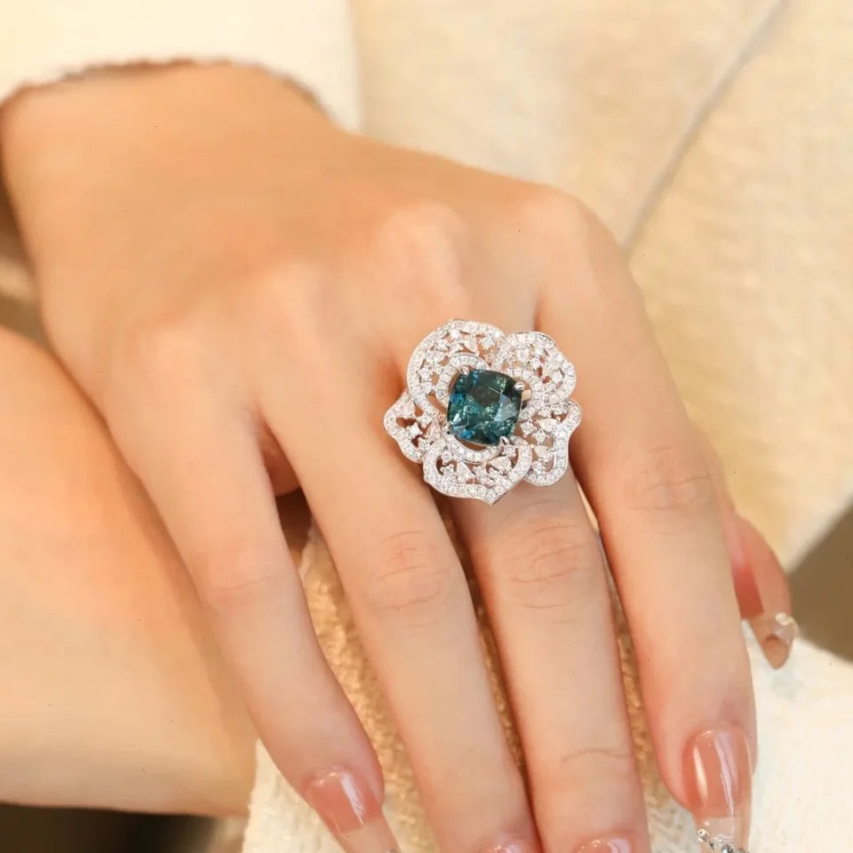 Luxury Floral Blue CZ Engagement Ring