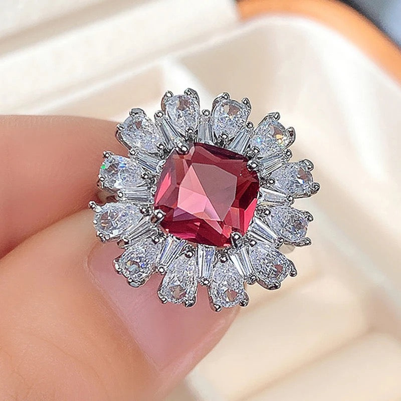 Flower Shaped Red Cubic Zirconia Ring