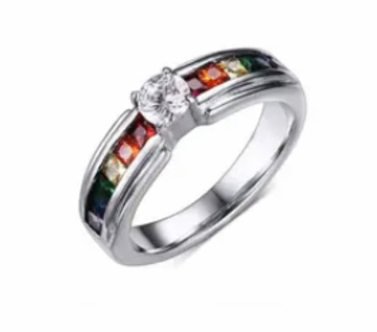 925 Silver CZ Rainbow Ring