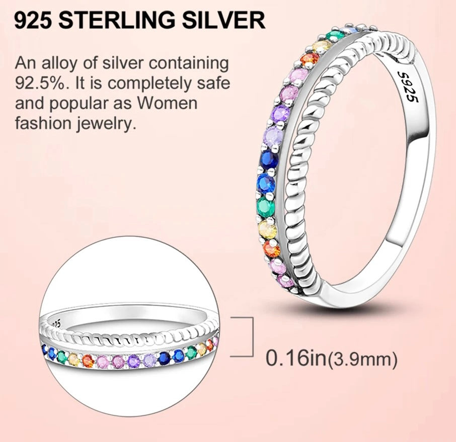 925 Silver Rainbow CZ Twist Pattern Ring