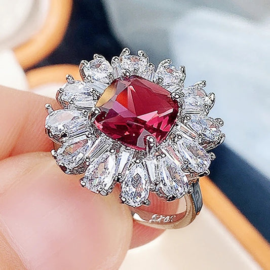 Flower Shaped Red Cubic Zirconia Ring