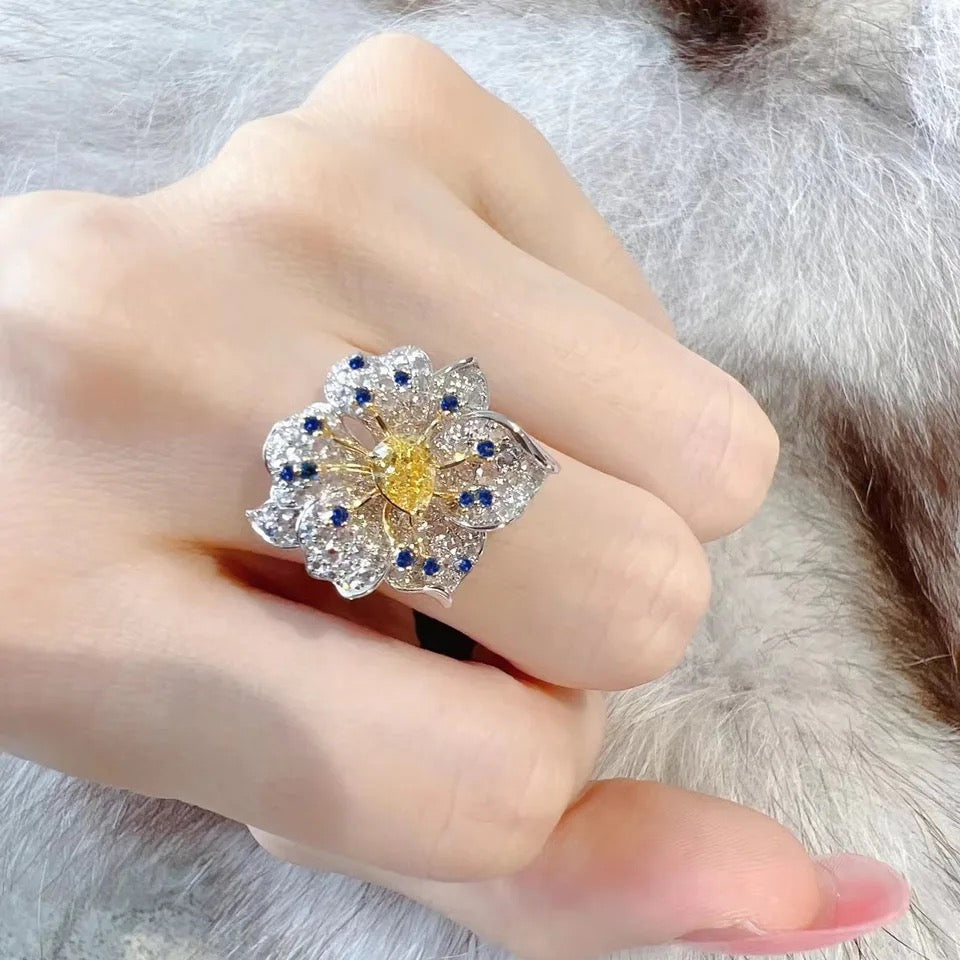 Luxury Yellow Blue White AAA Zircon Flower Ring