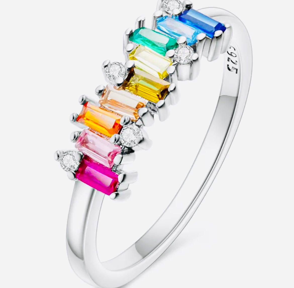 9 Rectangular Rainbow CZ 925 Silver Ring