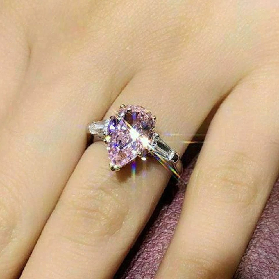 Pink Pear with White CZ Stone Ring