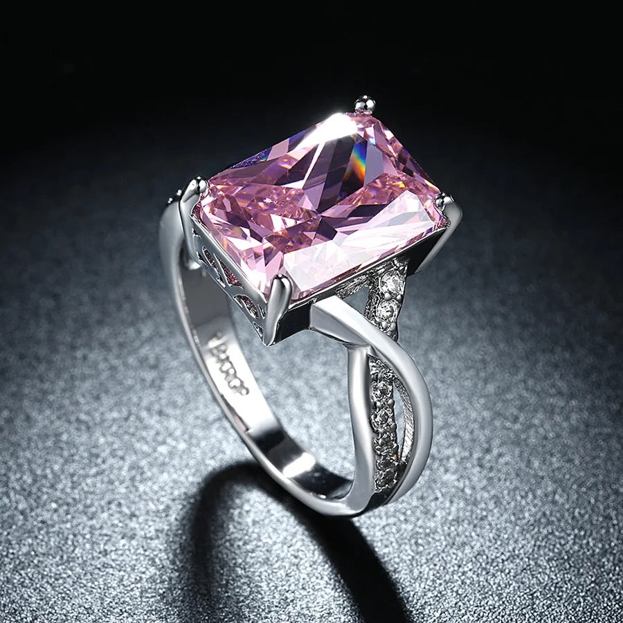 Large Square Cut Pink Cubic Zirconia Ring