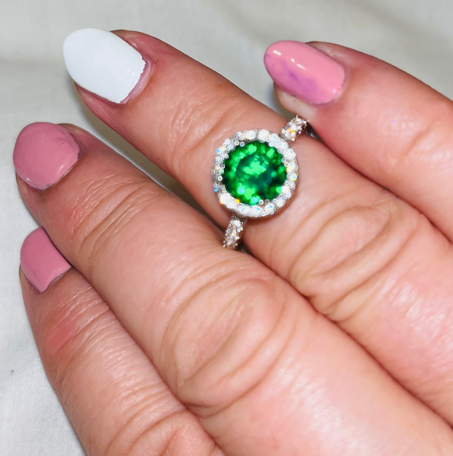 Round Green Stone Crystal Zircon Ring