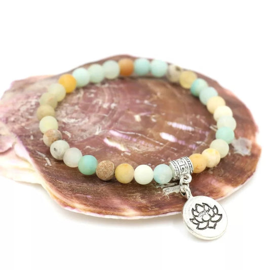 Amazonite Stone Strand Bracelet with Lotus Charm