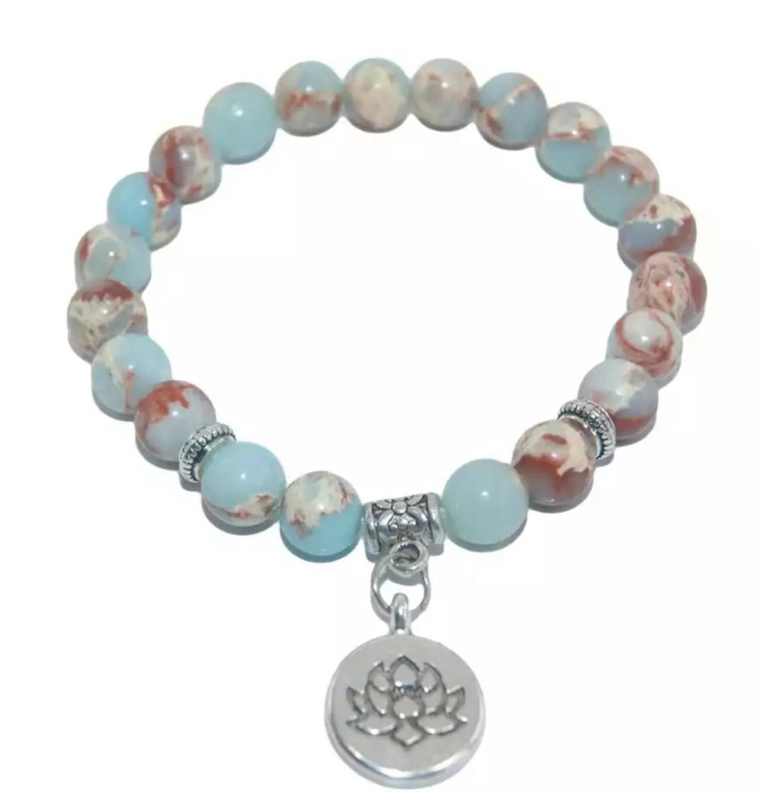 Snake Skin Stone Bracelet with Lotus Charm